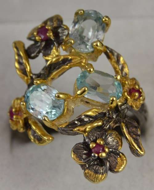 Real Blue Topaz and Ruby 925 Sterling Silver Ring