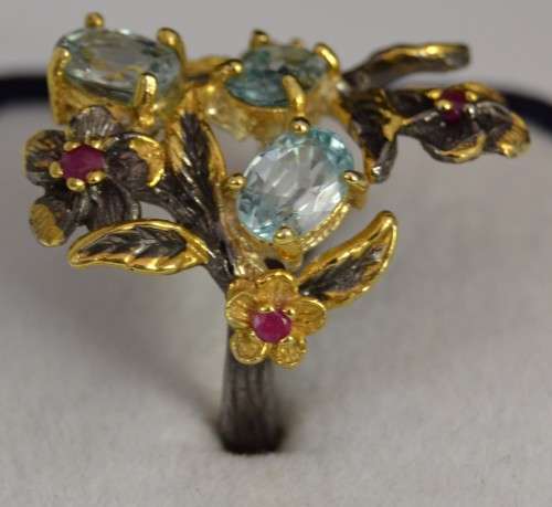 Real Blue Topaz and Ruby 925 Sterling Silver Ring