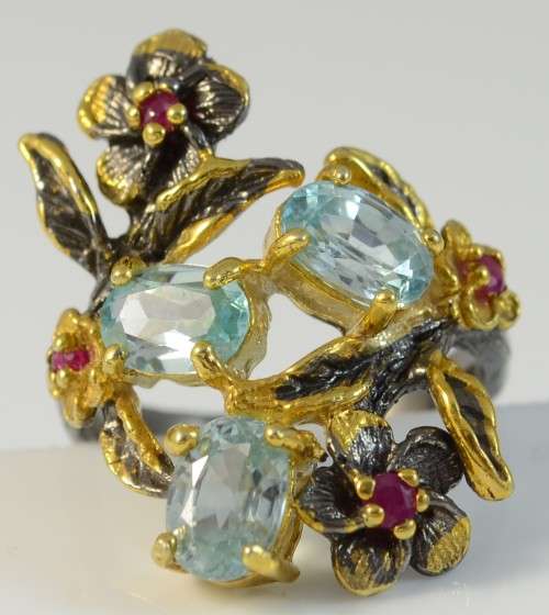 Real Blue Topaz and Ruby 925 Sterling Silver Ring