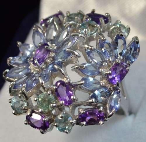 GLORIOUS REAL TANZANITE AMETHYST AND ZIRCON 925 SILVER RING SIZE 9