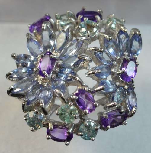 GLORIOUS REAL TANZANITE AMETHYST AND ZIRCON 925 SILVER RING SIZE 9