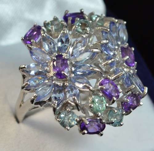 GLORIOUS REAL TANZANITE AMETHYST AND ZIRCON 925 SILVER RING SIZE 9