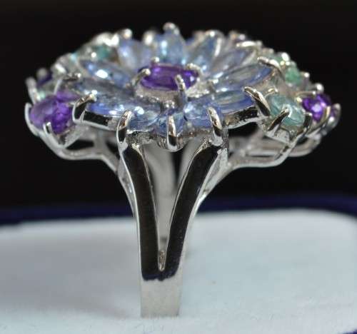 GLORIOUS REAL TANZANITE AMETHYST AND ZIRCON 925 SILVER RING SIZE 9