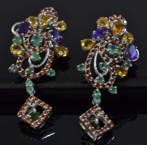 NATURAL CITRINE, EMERALD GARNET 925 SILVER EARRINGS