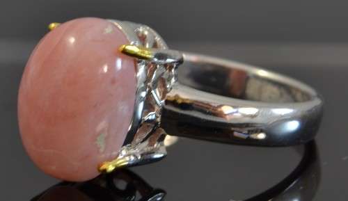UNUSUAL PINK OPAL TWO TONE 925 STERLING SILVER RING