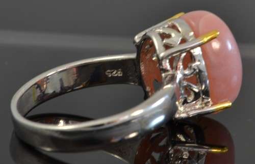 UNUSUAL PINK OPAL TWO TONE 925 STERLING SILVER RING