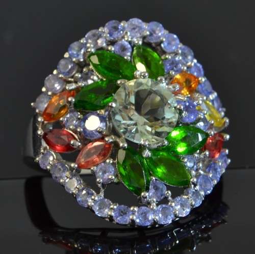 GENUINE TANZANITE. AMETHYST CHROME DIOPSIDE SAPPHIRE 925 SILVER RING