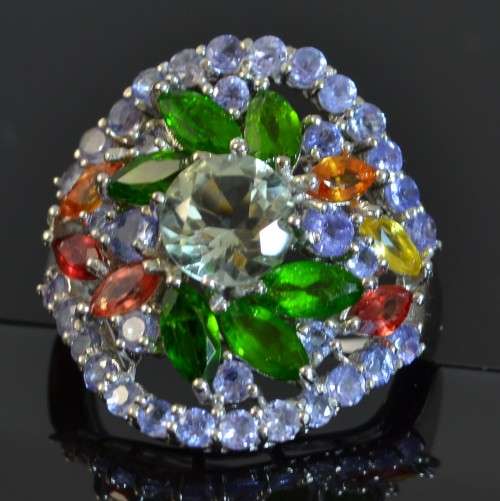 GENUINE TANZANITE. AMETHYST CHROME DIOPSIDE SAPPHIRE 925 SILVER RING