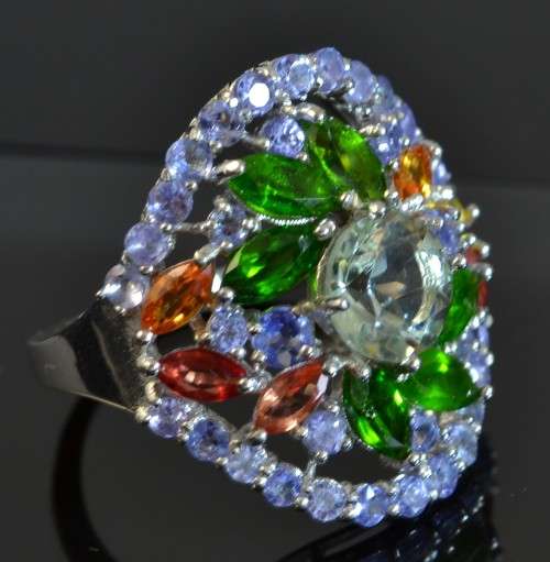 GENUINE TANZANITE. AMETHYST CHROME DIOPSIDE SAPPHIRE 925 SILVER RING
