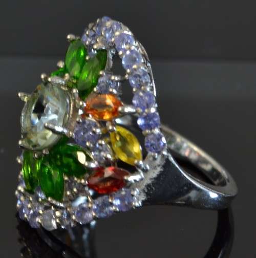 GENUINE TANZANITE. AMETHYST CHROME DIOPSIDE SAPPHIRE 925 SILVER RING