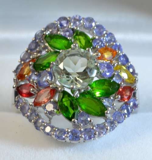 GENUINE TANZANITE. AMETHYST CHROME DIOPSIDE SAPPHIRE 925 SILVER RING