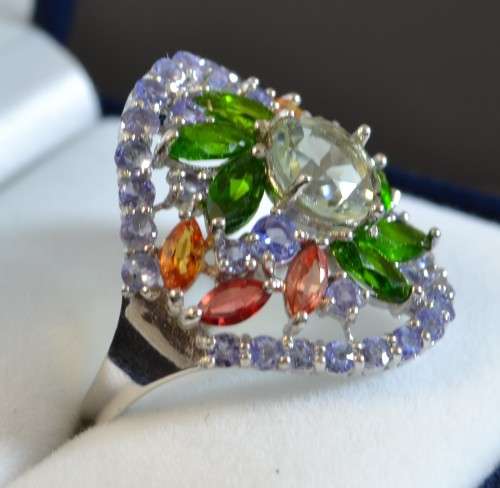 GENUINE TANZANITE. AMETHYST CHROME DIOPSIDE SAPPHIRE 925 SILVER RING