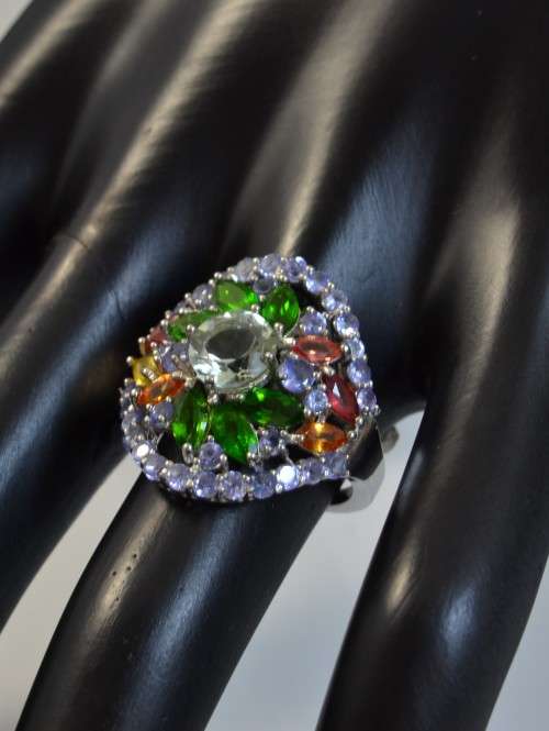 GENUINE TANZANITE. AMETHYST CHROME DIOPSIDE SAPPHIRE 925 SILVER RING