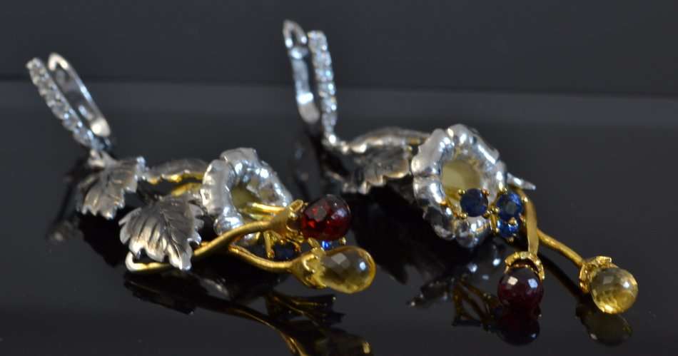 FLOWER AND LEAF DESIGN CITRINE, GARNET BRIOLETTE & SAPPHIRE 925 SILVER EARRINGS