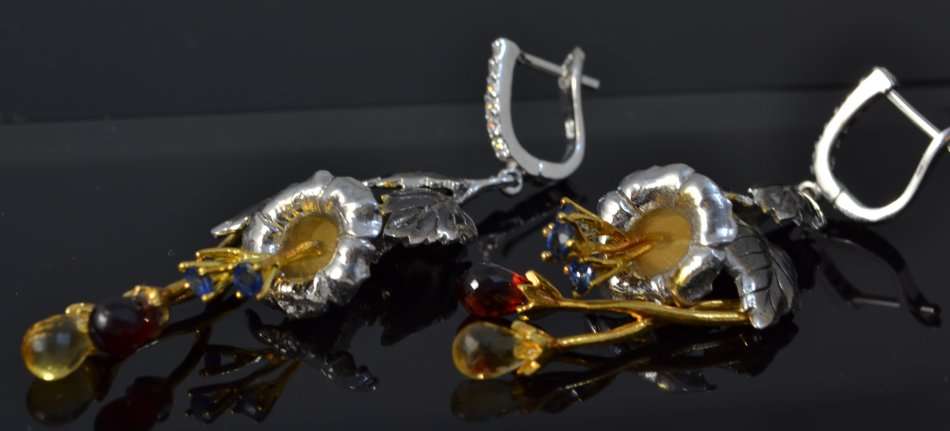 FLOWER AND LEAF DESIGN CITRINE, GARNET BRIOLETTE & SAPPHIRE 925 SILVER EARRINGS