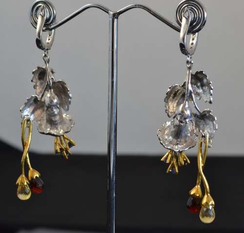 FLOWER AND LEAF DESIGN CITRINE, GARNET BRIOLETTE & SAPPHIRE 925 SILVER EARRINGS
