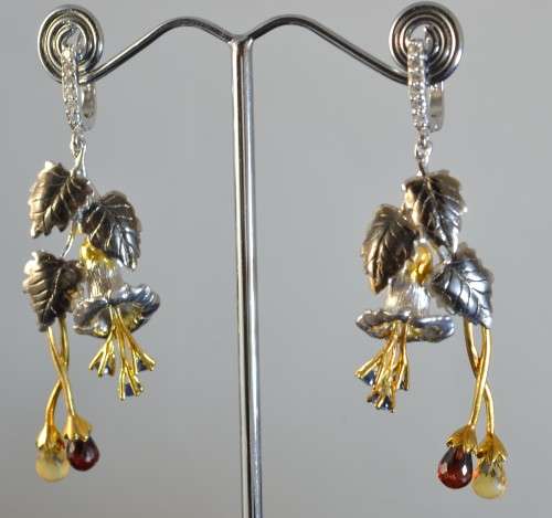 FLOWER AND LEAF DESIGN CITRINE, GARNET BRIOLETTE & SAPPHIRE 925 SILVER EARRINGS