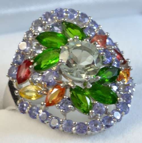 GENUINE TANZANITE. AMETHYST CHROME DIOPSIDE SAPPHIRE 925 SILVER RING