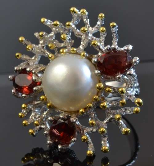 EXQUISITE GENUINE GARNET  & FRESHWATER PEARL 925 SILVER RING SIZE 7