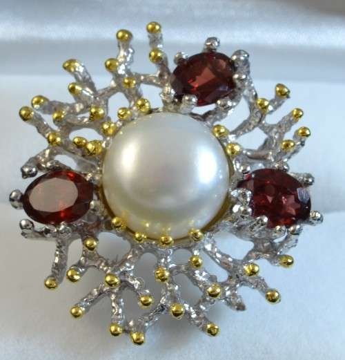 EXQUISITE GENUINE GARNET  & FRESHWATER PEARL 925 SILVER RING SIZE 7