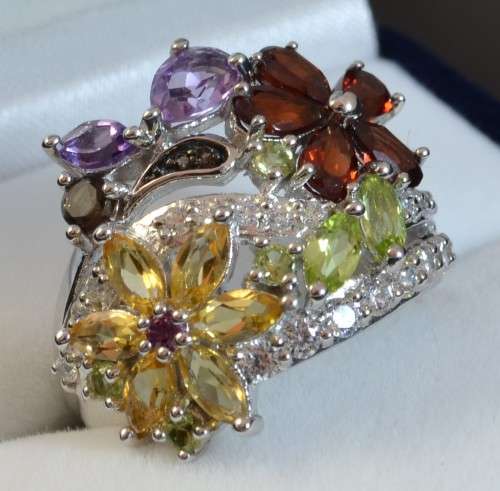 GENUINE AMETHYST GARNET CITRINE PERIDOT QUARTZ & CZ 925 SILVER RING SIZE 6.75