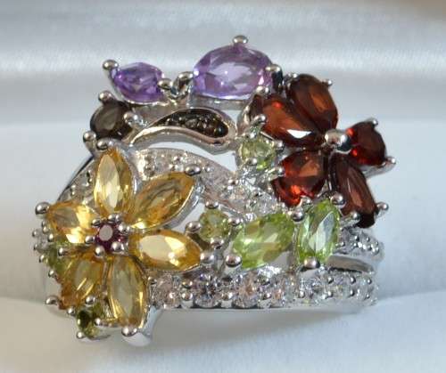 GENUINE AMETHYST GARNET CITRINE PERIDOT QUARTZ & CZ 925 SILVER RING SIZE 6.75