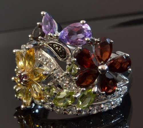 GENUINE AMETHYST GARNET CITRINE PERIDOT QUARTZ & CZ 925 SILVER RING SIZE 6.75