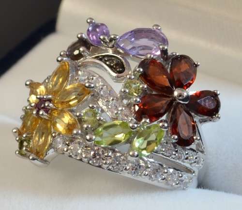 GENUINE AMETHYST GARNET CITRINE PERIDOT QUARTZ & CZ 925 SILVER RING SIZE 6.75
