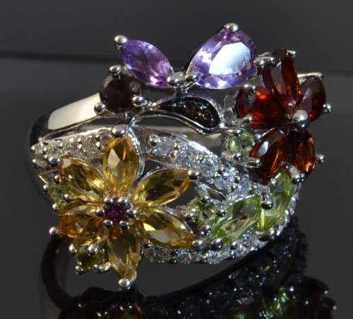 GENUINE AMETHYST GARNET CITRINE PERIDOT QUARTZ & CZ 925 SILVER RING SIZE 6.75