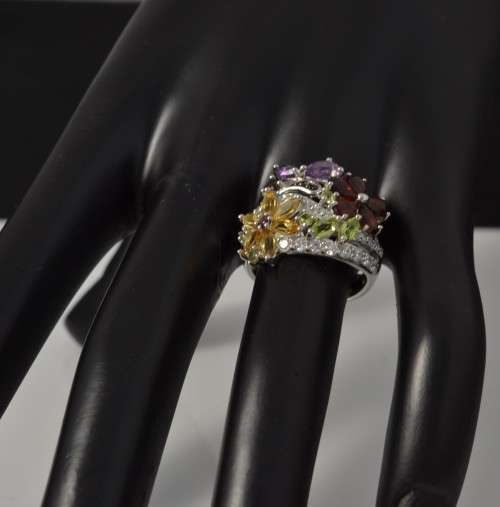 GENUINE AMETHYST GARNET CITRINE PERIDOT QUARTZ & CZ 925 SILVER RING SIZE 6.75