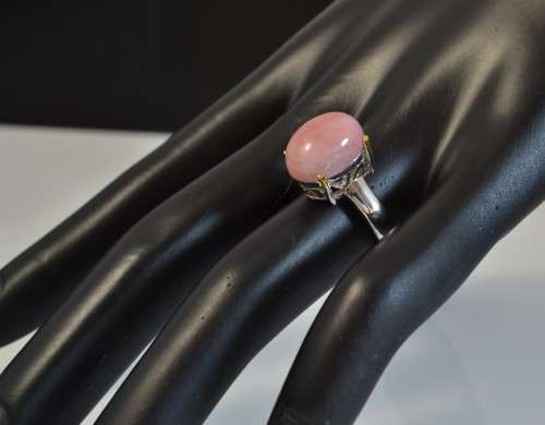 UNUSUAL PINK OPAL TWO TONE 925 STERLING SILVER RING