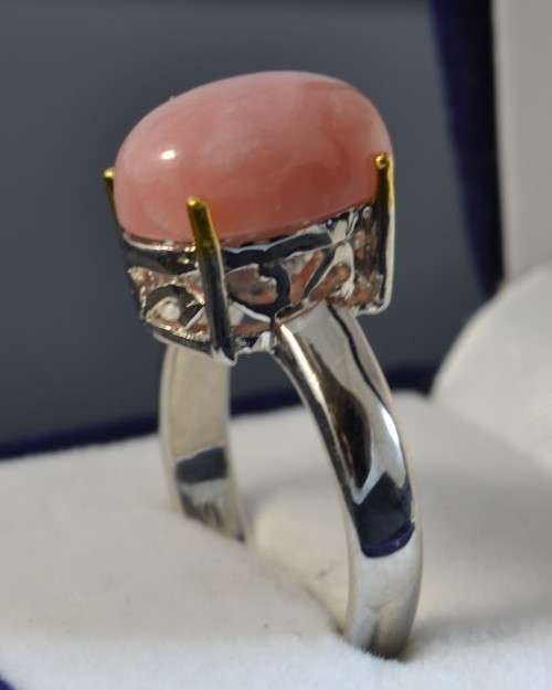 UNUSUAL PINK OPAL TWO TONE 925 STERLING SILVER RING