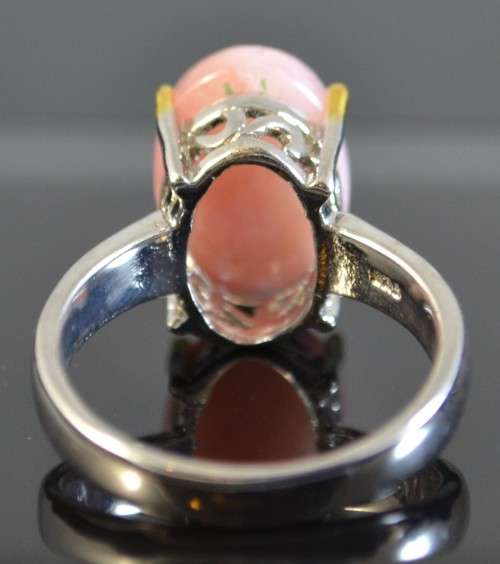 UNUSUAL PINK OPAL TWO TONE 925 STERLING SILVER RING