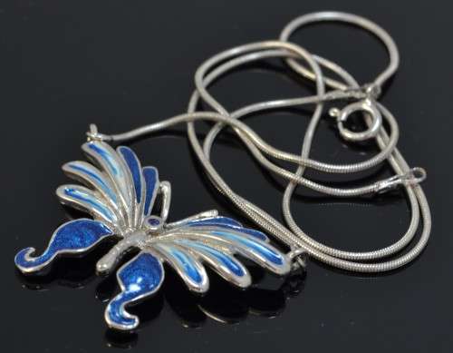 GENUINE BLUE SAPPHIRE 925 STERLING SILVER ENAMEL BUTTERFLY NECKLACE
