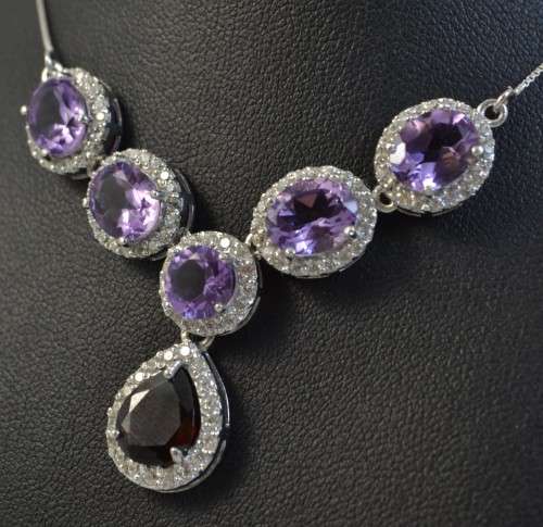 GENUINE AMETHYST, RHODOLITE GARNET AND CZ 925 SILVER NECKLACE