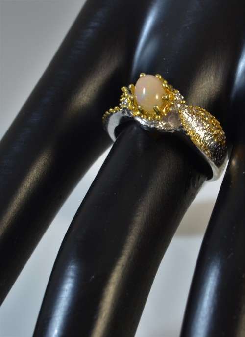 AMAZING REAL HOT FIRE OPAL TWO TONE 925 SILVER RING SIZE 7