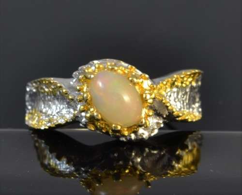 AMAZING REAL HOT FIRE OPAL TWO TONE 925 SILVER RING SIZE 7