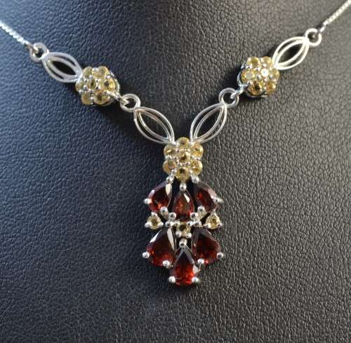 GENUINE DARK RED GARNET AND CITRINE 925 SILVER NECKLACE