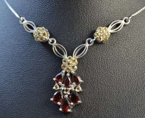 GENUINE DARK RED GARNET AND CITRINE 925 SILVER NECKLACE