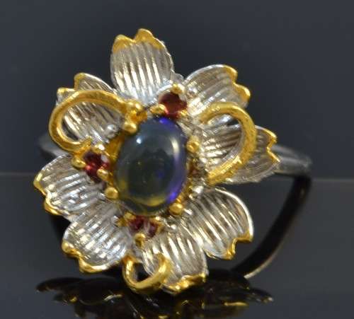 GORGEOUS FLOWER DESIGN GENUINE BLACK OPAL AND RHODOLITE GARNET 925 SILVER RING SIZE 7.5