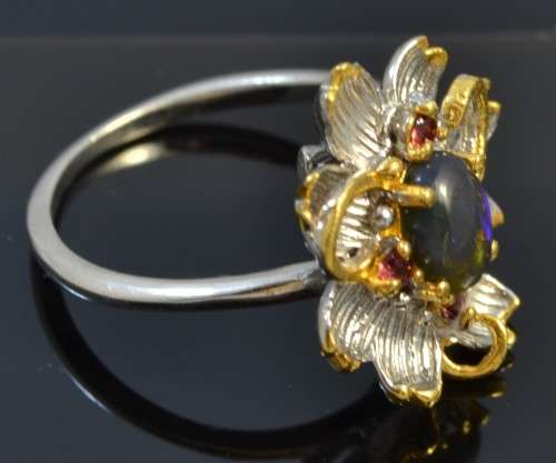 GORGEOUS FLOWER DESIGN GENUINE BLACK OPAL AND RHODOLITE GARNET 925 SILVER RING SIZE 7.5