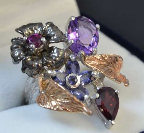 REAL AMETHYST, TANZANITE, TOURMALINE & RHODOLITE GARNET FLOWER & LEAF DESIGN 925 SILVER RING SIZE 7