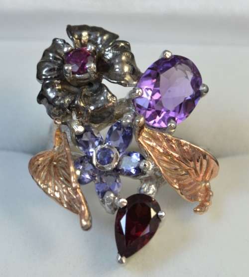 REAL AMETHYST, TANZANITE, TOURMALINE & RHODOLITE GARNET FLOWER & LEAF DESIGN 925 SILVER RING SIZE 7