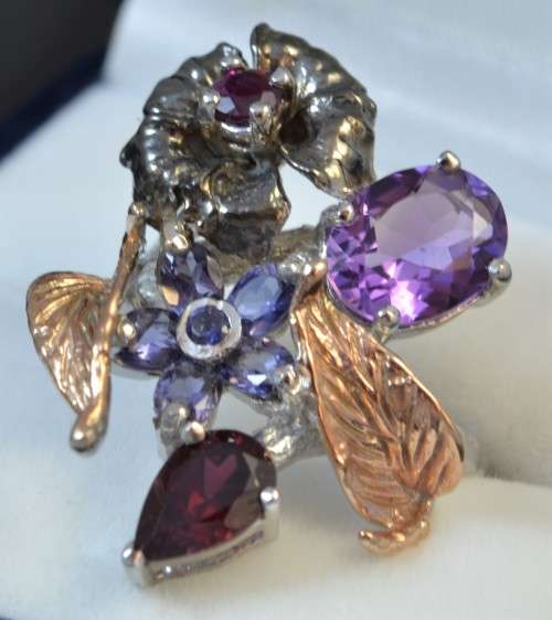 REAL AMETHYST, TANZANITE, TOURMALINE & RHODOLITE GARNET FLOWER & LEAF DESIGN 925 SILVER RING SIZE 7