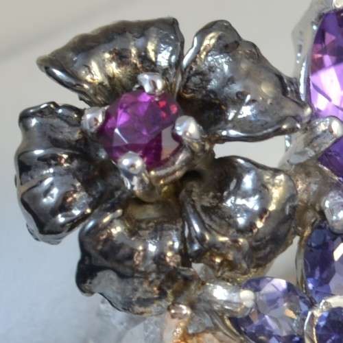 REAL AMETHYST, TANZANITE, TOURMALINE & RHODOLITE GARNET FLOWER & LEAF DESIGN 925 SILVER RING SIZE 7