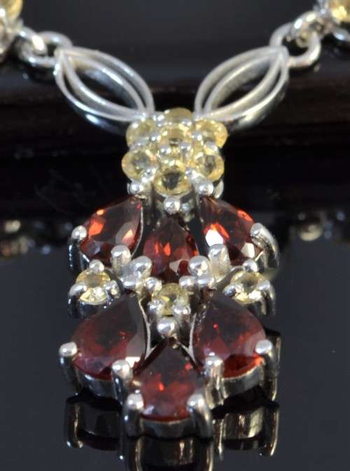 GENUINE DARK RED GARNET AND CITRINE 925 SILVER NECKLACE