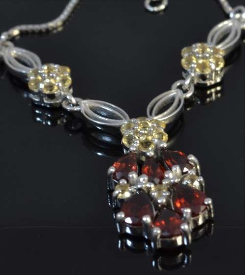 GENUINE DARK RED GARNET AND CITRINE 925 SILVER NECKLACE