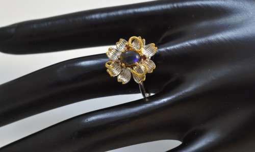 GORGEOUS FLOWER DESIGN GENUINE BLACK OPAL AND RHODOLITE GARNET 925 SILVER RING SIZE 7.5