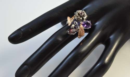 REAL AMETHYST, TANZANITE, TOURMALINE & RHODOLITE GARNET FLOWER & LEAF DESIGN 925 SILVER RING SIZE 7