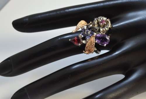 REAL AMETHYST, TANZANITE, TOURMALINE & RHODOLITE GARNET FLOWER & LEAF DESIGN 925 SILVER RING SIZE 7